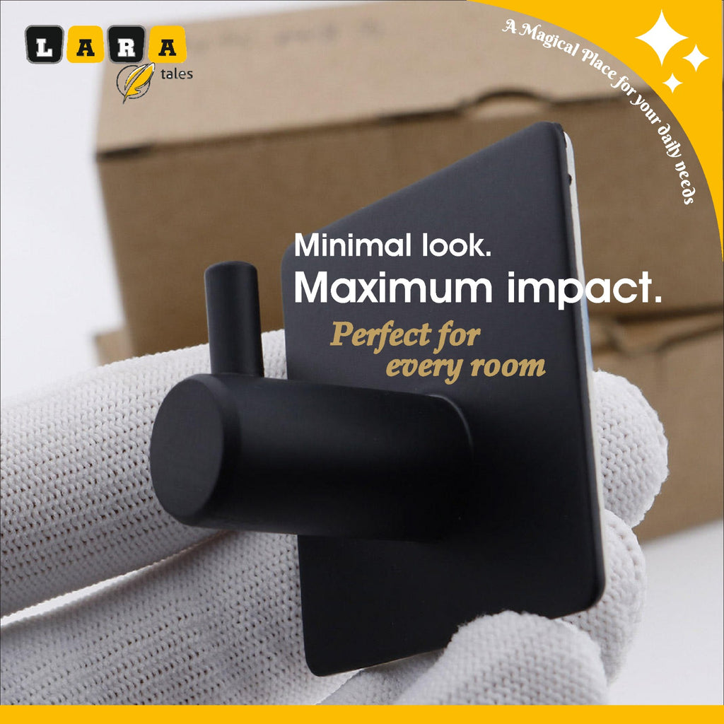Lara Tales Heavy Duty Adhesive Wall Hooks – Metal Self-Adhesive Hooks for Bathroom, Kitchen & Home | Matte Black Wall Hangers | Rust-Proof Multipurpose Hooks (Set of 4)