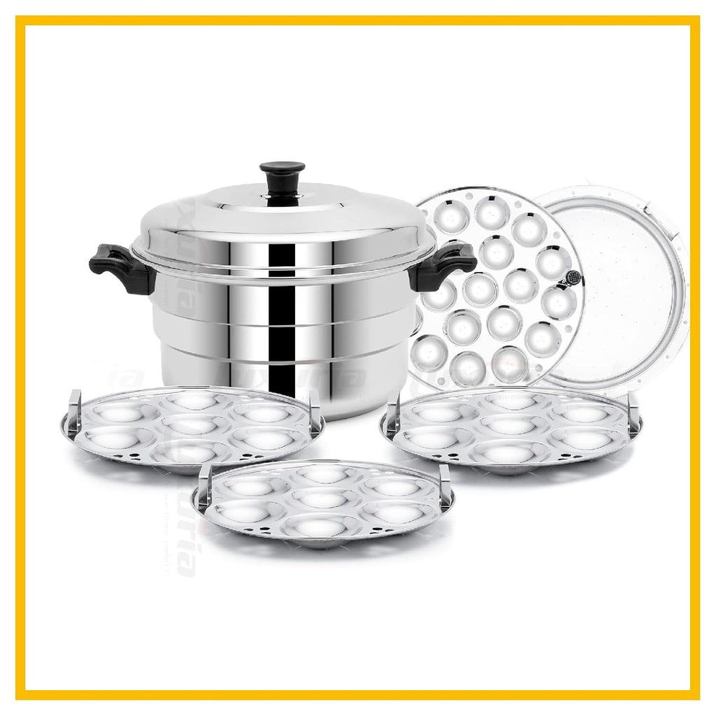 Lara Tales LAKSHMI Stainless Steel Idli Pot | 3 Idli Plates + 1 Mini Idli Plate + 1 Dhokla Plate | Heavy Gauge Idly Cooker | Soft & Fluffy Idlis | 3–5 Person Capacity