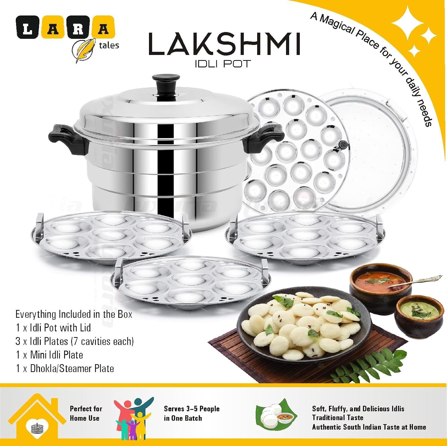 Lara Tales LAKSHMI Stainless Steel Idli Pot | 3 Idli Plates + 1 Mini Idli Plate + 1 Dhokla Plate | Heavy Gauge Idly Cooker | Soft & Fluffy Idlis | 3–5 Person Capacity