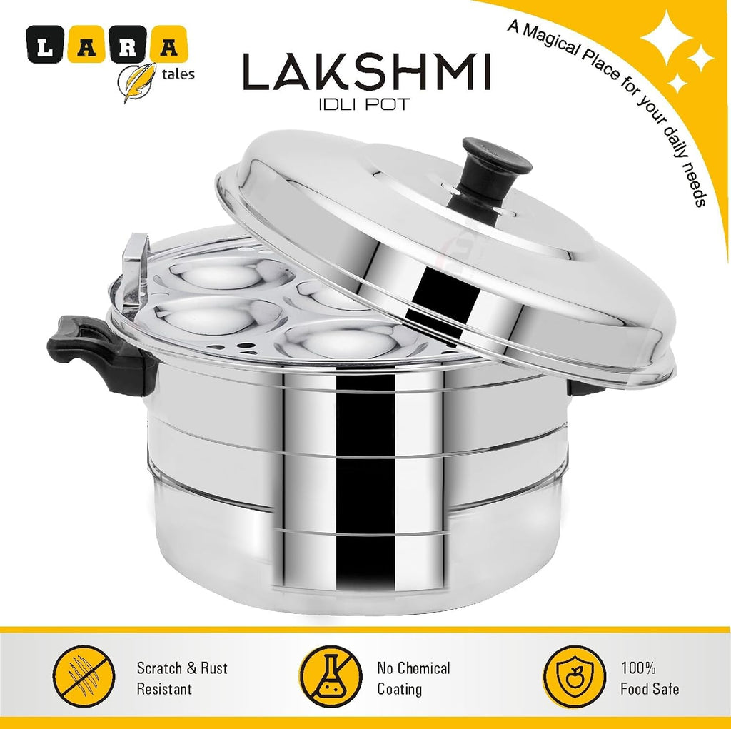Lara Tales LAKSHMI Stainless Steel Idli Pot | 3 Idli Plates + 1 Mini Idli Plate + 1 Dhokla Plate | Heavy Gauge Idly Cooker | Soft & Fluffy Idlis | 3–5 Person Capacity