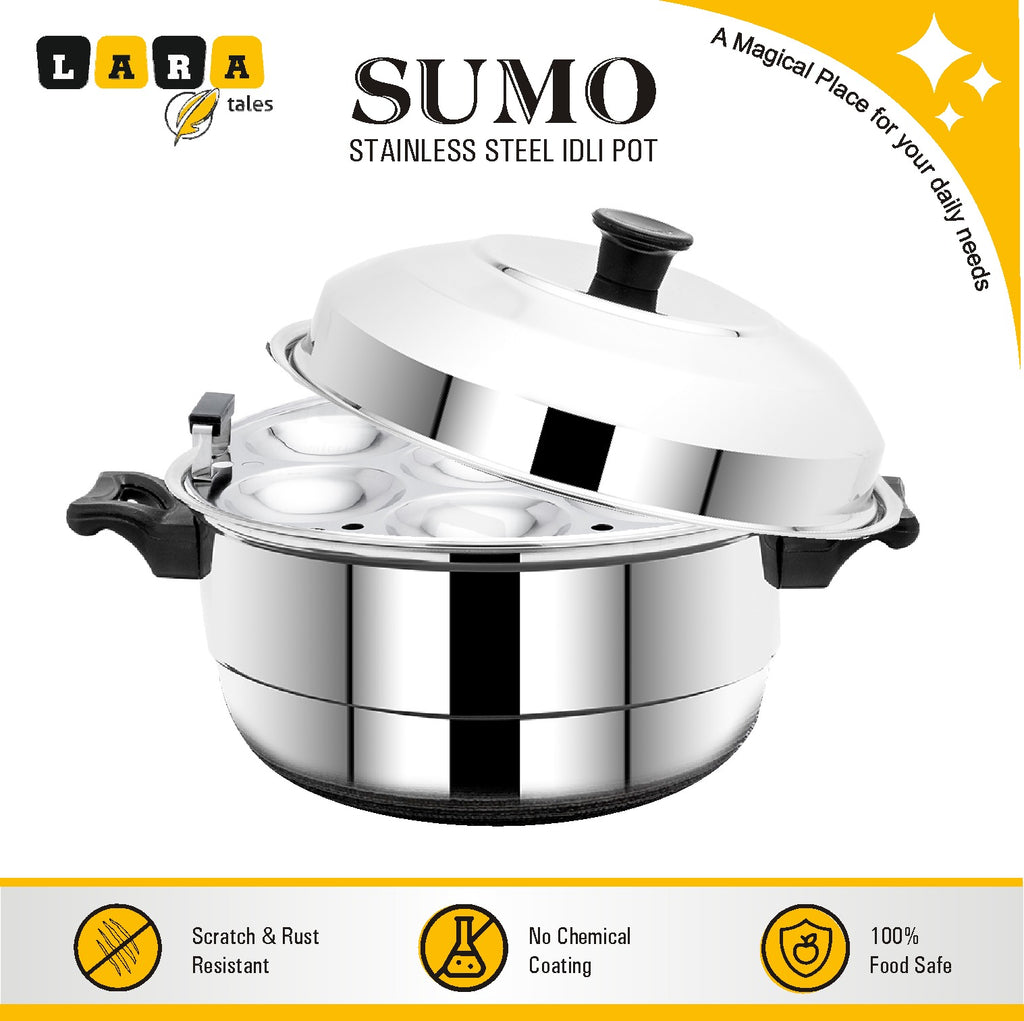 Lara Tales SUMO Stainless Steel Idli Pot by LARA Tales | 3 Idli Plates ( 21 Idlis ) + 1 Mini Idli Plate + 1 Dhokla Plate | Heavy Gauge Steel Idly Cooker | Makes Soft & Fluffy Idlis | 3–5 Person Capacity