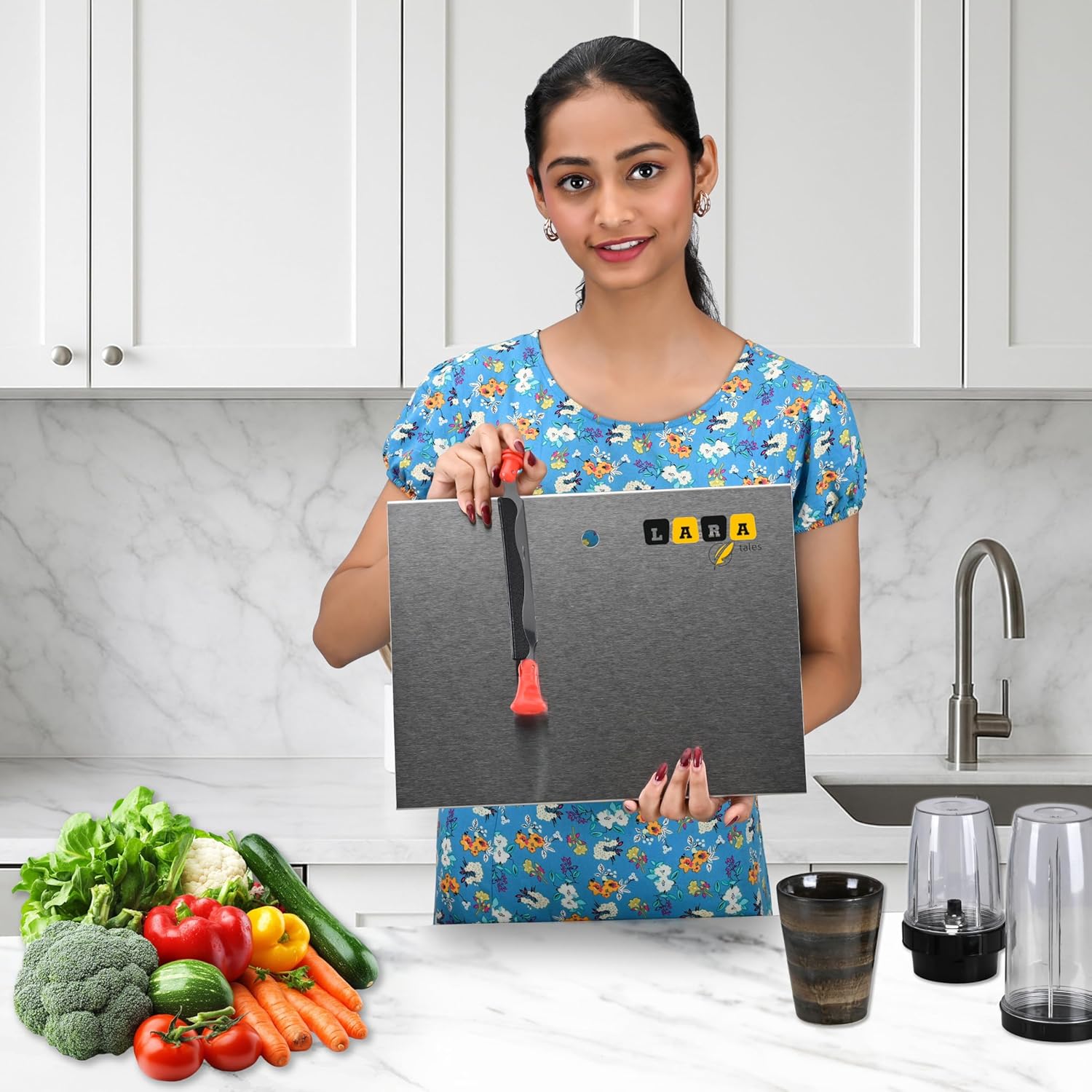 Lara tales Stainless Steel Cutting Board with Vegetable Cutter | Heavy-Duty Kitchen Chopper Board | Multi-Purpose Sabzi Cutter, Chopping Tray & Meat Board | Rust-Free Steel Cutter