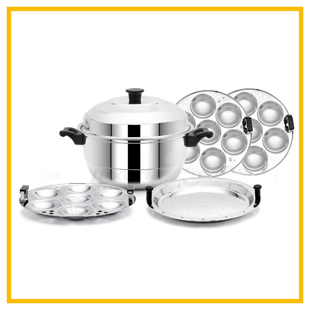 Lara Tales CLASSIC Stainless Steel Idli Cooker Steamer – 3 Idli Plates + 1 Mini Idli Plate + 1 Dhokla Plate | Heavy Gauge Idly Pot | Soft & Fluffy Idlis | Multipurpose Steamer