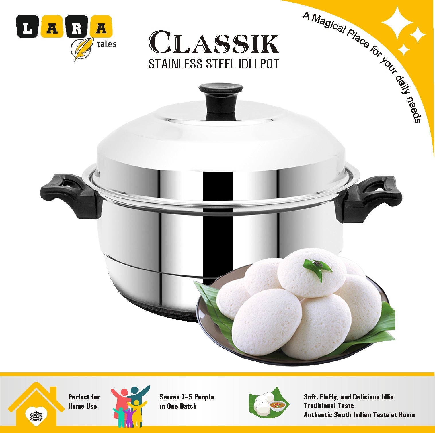 Lara Tales CLASSIC Stainless Steel Idli Cooker Steamer – 3 Idli Plates + 1 Mini Idli Plate + 1 Dhokla Plate | Heavy Gauge Idly Pot | Soft & Fluffy Idlis | Multipurpose Steamer
