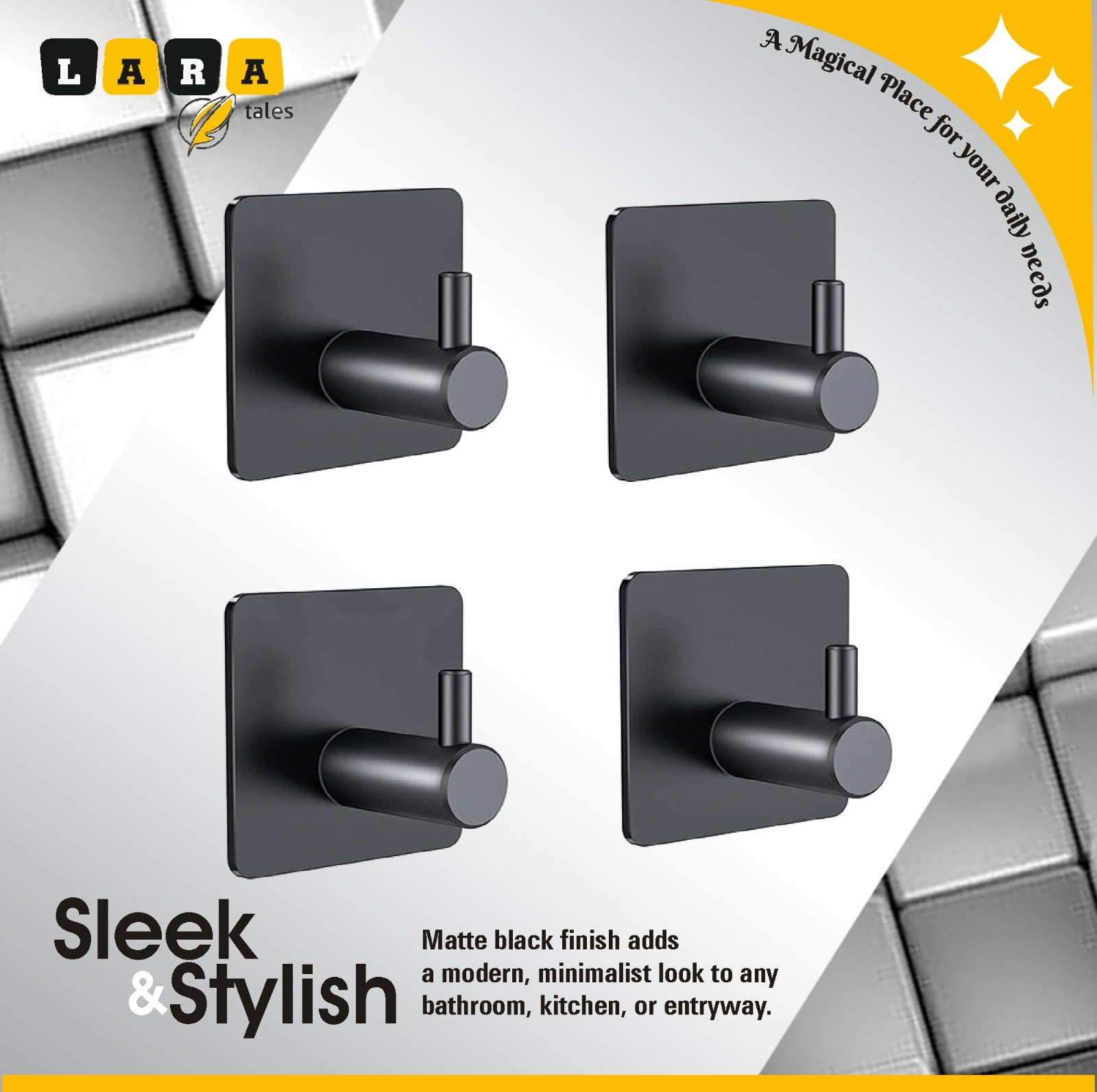 Lara Tales Heavy Duty Adhesive Wall Hooks – Metal Self-Adhesive Hooks for Bathroom, Kitchen & Home | Matte Black Wall Hangers | Rust-Proof Multipurpose Hooks (Set of 4)