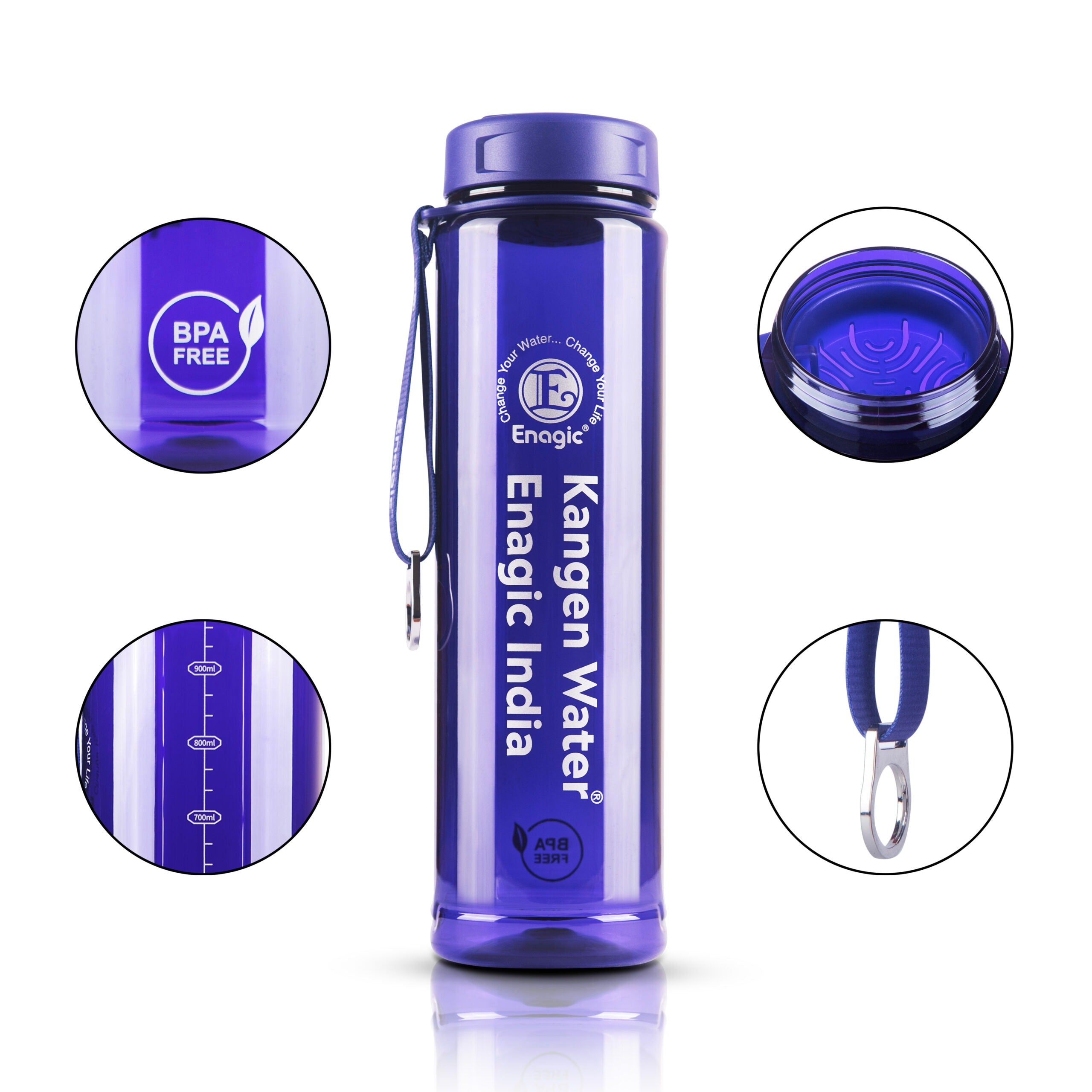 Enagic Kangen 1000ml Tritan Water Bottle – Steel Ring, Strap Holder & Motivational Time Markers | BPA-Free, Leakproof, Reusable "Stay Motivated. Stay Hydrated