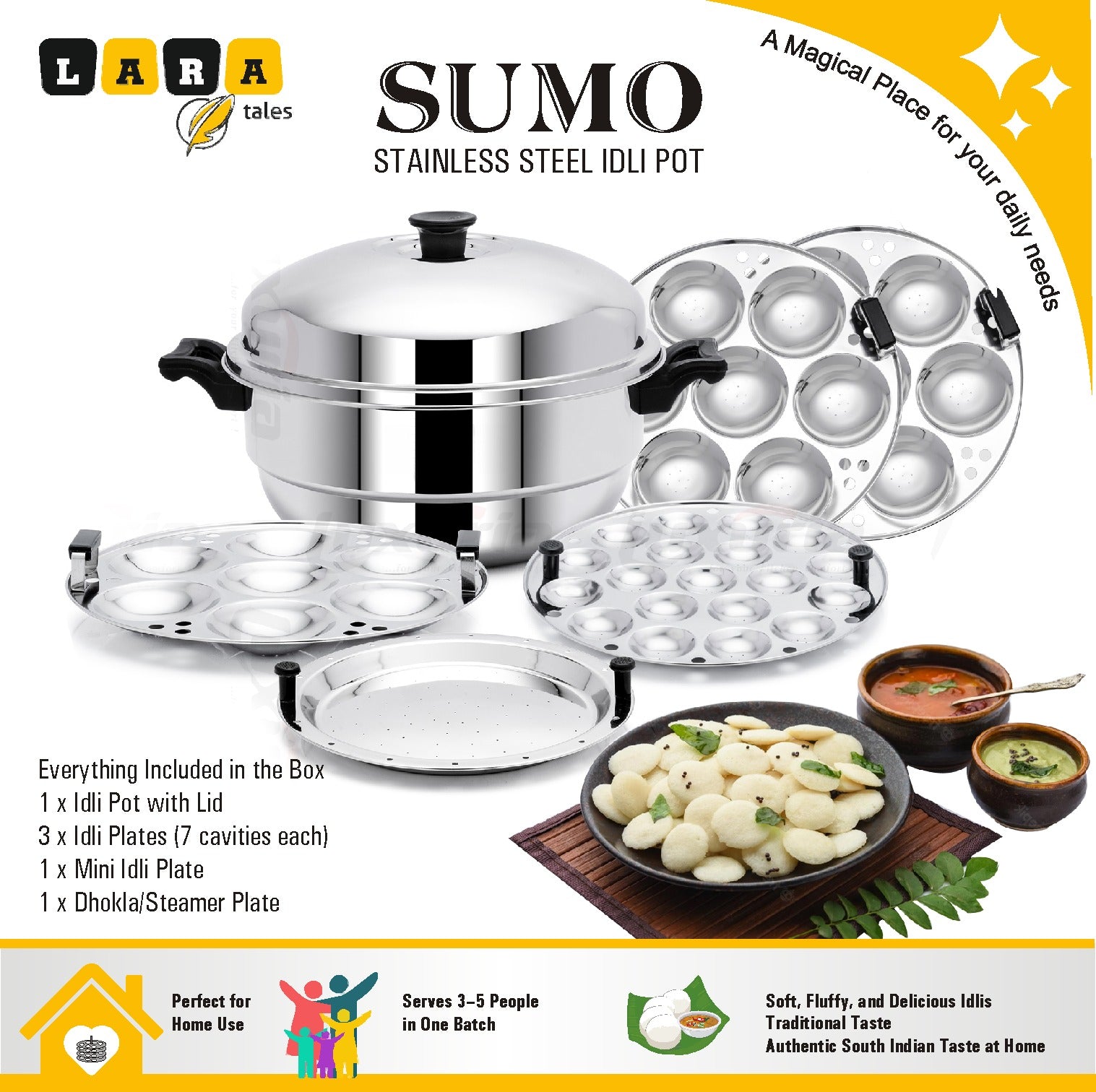 Lara Tales SUMO Stainless Steel Idli Pot by LARA Tales | 3 Idli Plates ( 21 Idlis ) + 1 Mini Idli Plate + 1 Dhokla Plate | Heavy Gauge Steel Idly Cooker | Makes Soft & Fluffy Idlis | 3–5 Person Capacity