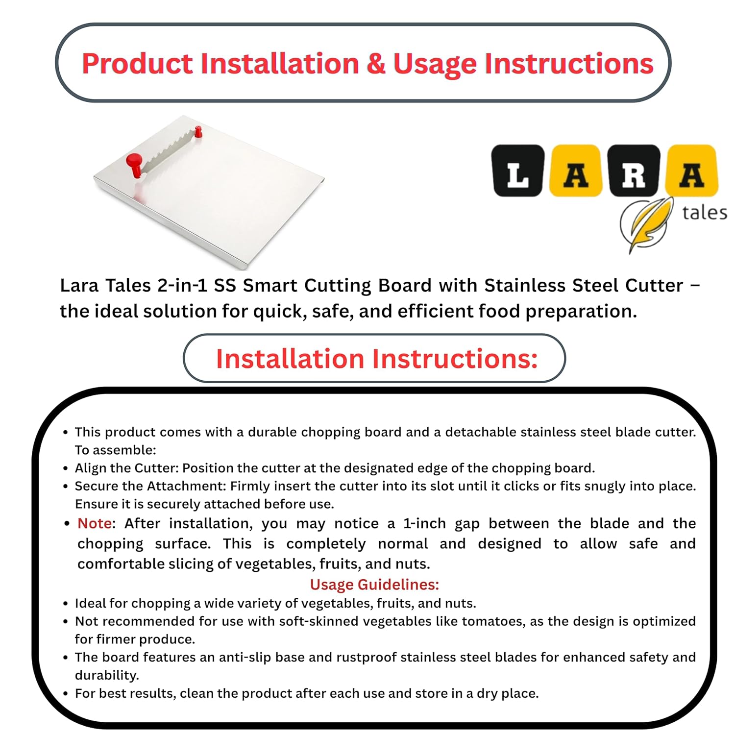 Lara Tales Smart Stainless Steel Cutting Board with SS Cutter | Chopper Board | Cutter | Sabji Cutter | Chapati Board | Cutting matt Tray | Steel Chopper | Steel Cutter | Vegetable Cutter for Kitchen