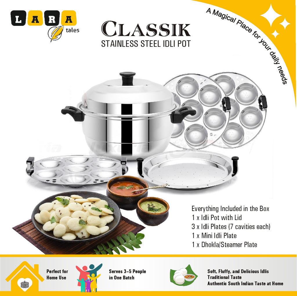 Lara Tales CLASSIC Stainless Steel Idli Cooker Steamer – 3 Idli Plates + 1 Mini Idli Plate + 1 Dhokla Plate | Heavy Gauge Idly Pot | Soft & Fluffy Idlis | Multipurpose Steamer