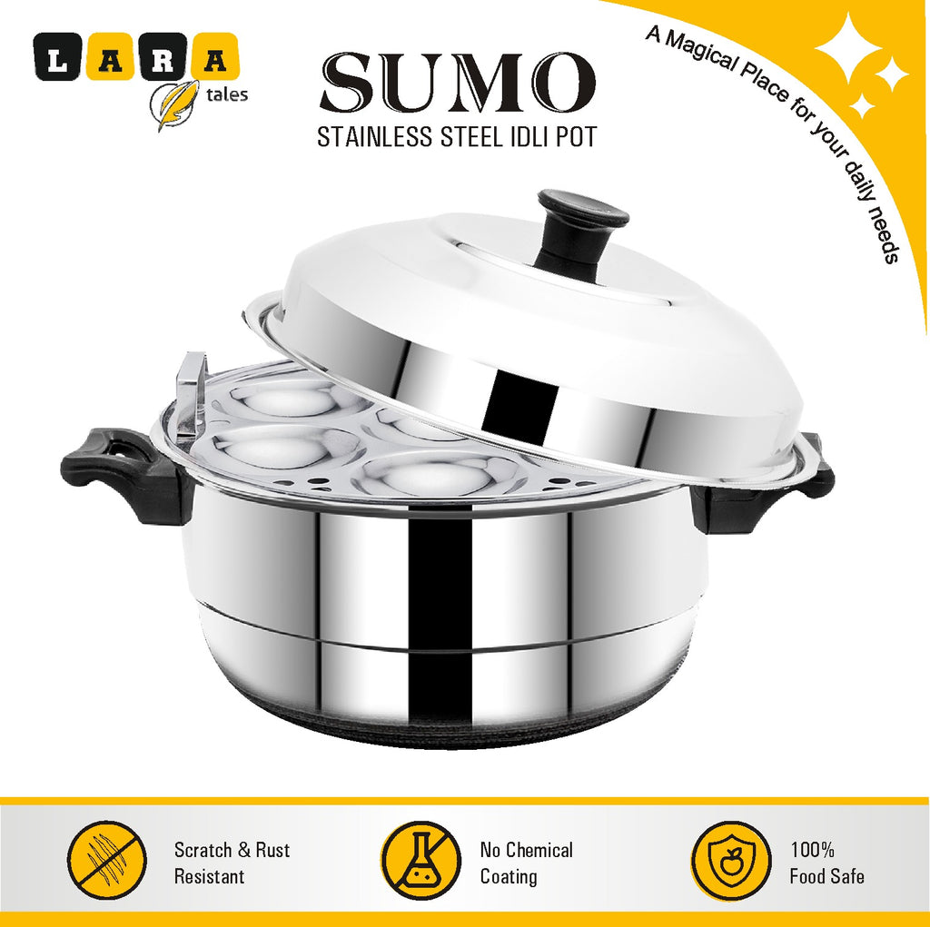 Lara Tales SUMO Stainless Steel Idli Pot by LARA Tales | 3 Idli Plates ( 21 Idlis ) + 1 Mini Idli Plate + 1 Dhokla Plate | Heavy Gauge Steel Idly Cooker | Makes Soft & Fluffy Idlis | 3–5 Person Capacity