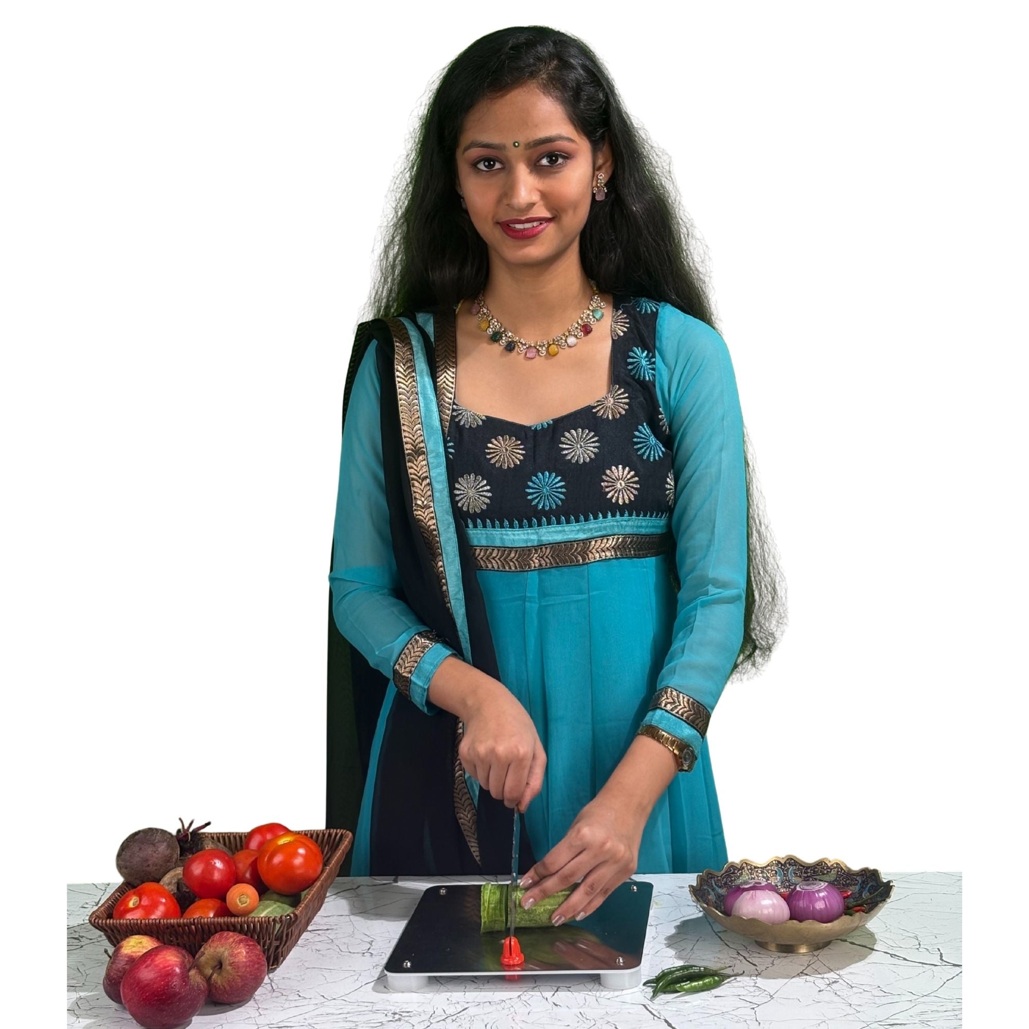 Lara Tales Stainless Steel Chopping Board with In-Built Blade & Detachable Knife | Multipurpose Vegetable, Fruit & Nut Cutter | Compact 23x23 cm | Plastic Base with 4 Anti-Slip Legs