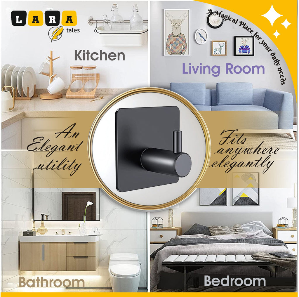 Lara Tales Heavy Duty Adhesive Wall Hooks – Metal Self-Adhesive Hooks for Bathroom, Kitchen & Home | Matte Black Wall Hangers | Rust-Proof Multipurpose Hooks (Set of 4)