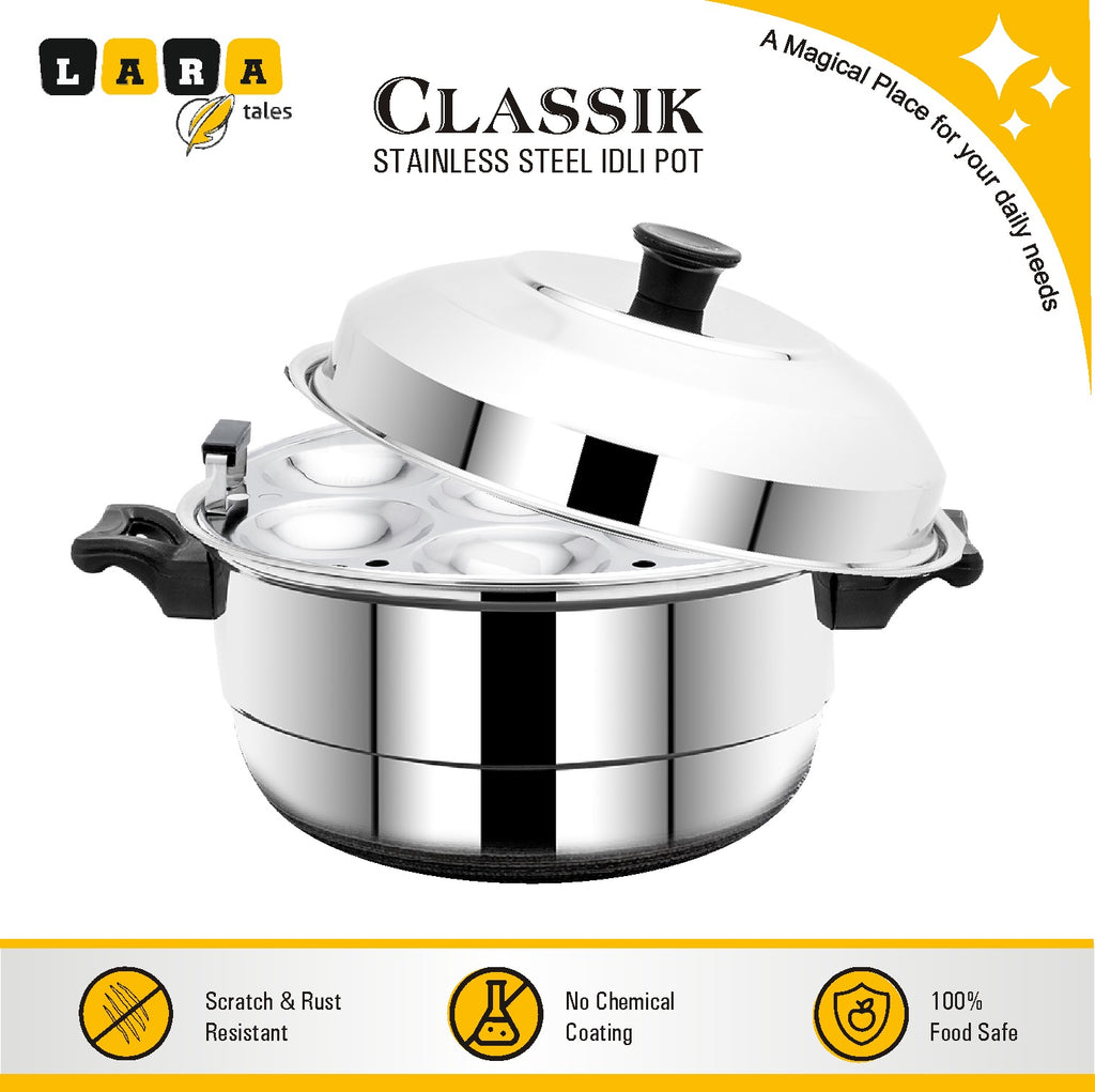 Lara Tales CLASSIC Stainless Steel Idli Cooker Steamer – 3 Idli Plates + 1 Mini Idli Plate + 1 Dhokla Plate | Heavy Gauge Idly Pot | Soft & Fluffy Idlis | Multipurpose Steamer