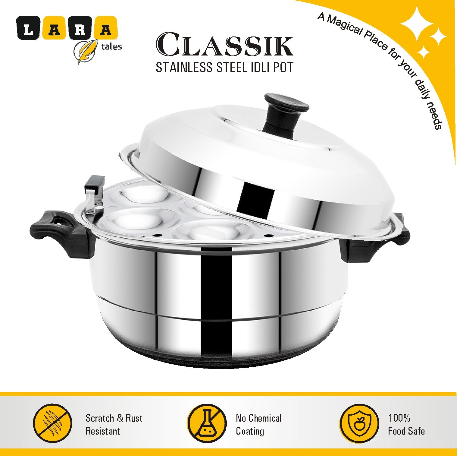 Lara Tales CLASSIC Stainless Steel Idli Cooker Steamer – 3 Idli Plates + 1 Mini Idli Plate + 1 Dhokla Plate | Heavy Gauge Idly Pot | Soft & Fluffy Idlis | Multipurpose Steamer