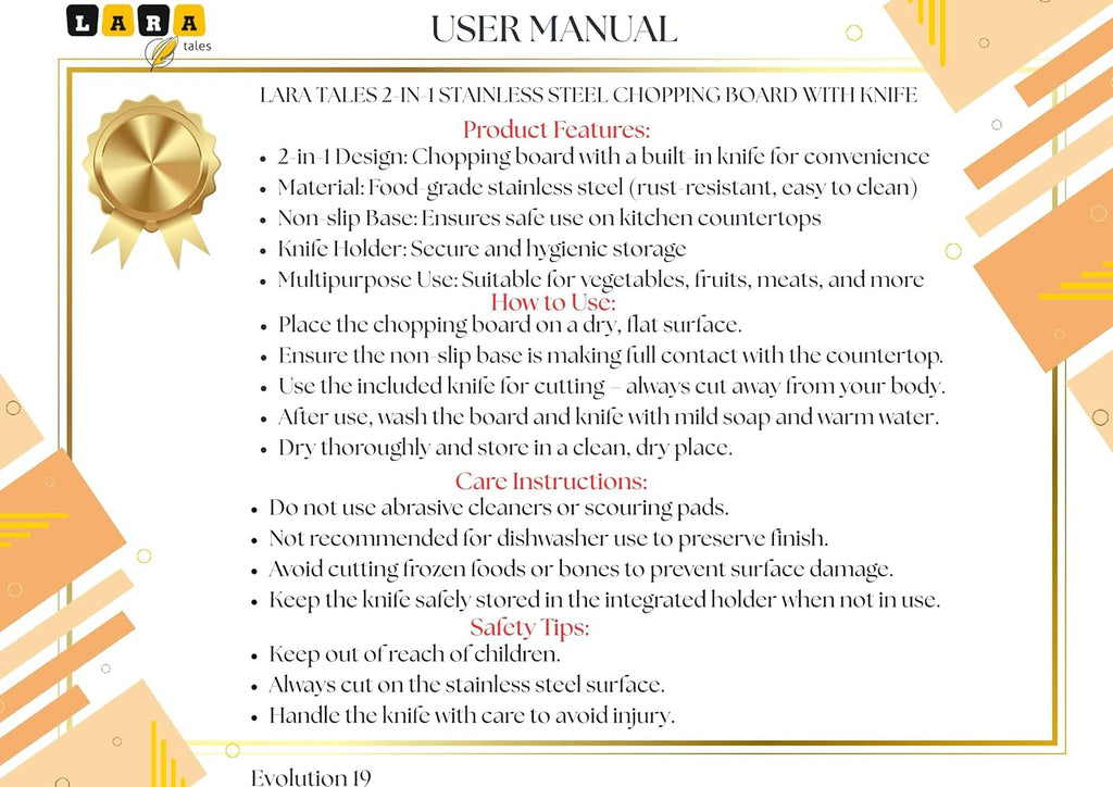 Lara Tales Smart Stainless Steel Cutting Board with SS Cutter | Chopper Board | Cutter | Sabji Cutter | Chapati Board | Cutting matt Tray | Steel Chopper | Steel Cutter | Vegetable Cutter for Kitchen