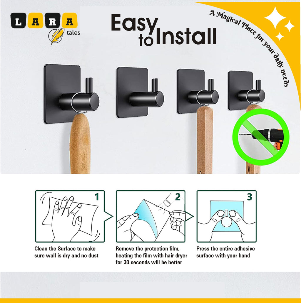 Lara Tales Heavy Duty Adhesive Wall Hooks – Metal Self-Adhesive Hooks for Bathroom, Kitchen & Home | Matte Black Wall Hangers | Rust-Proof Multipurpose Hooks (Set of 4)