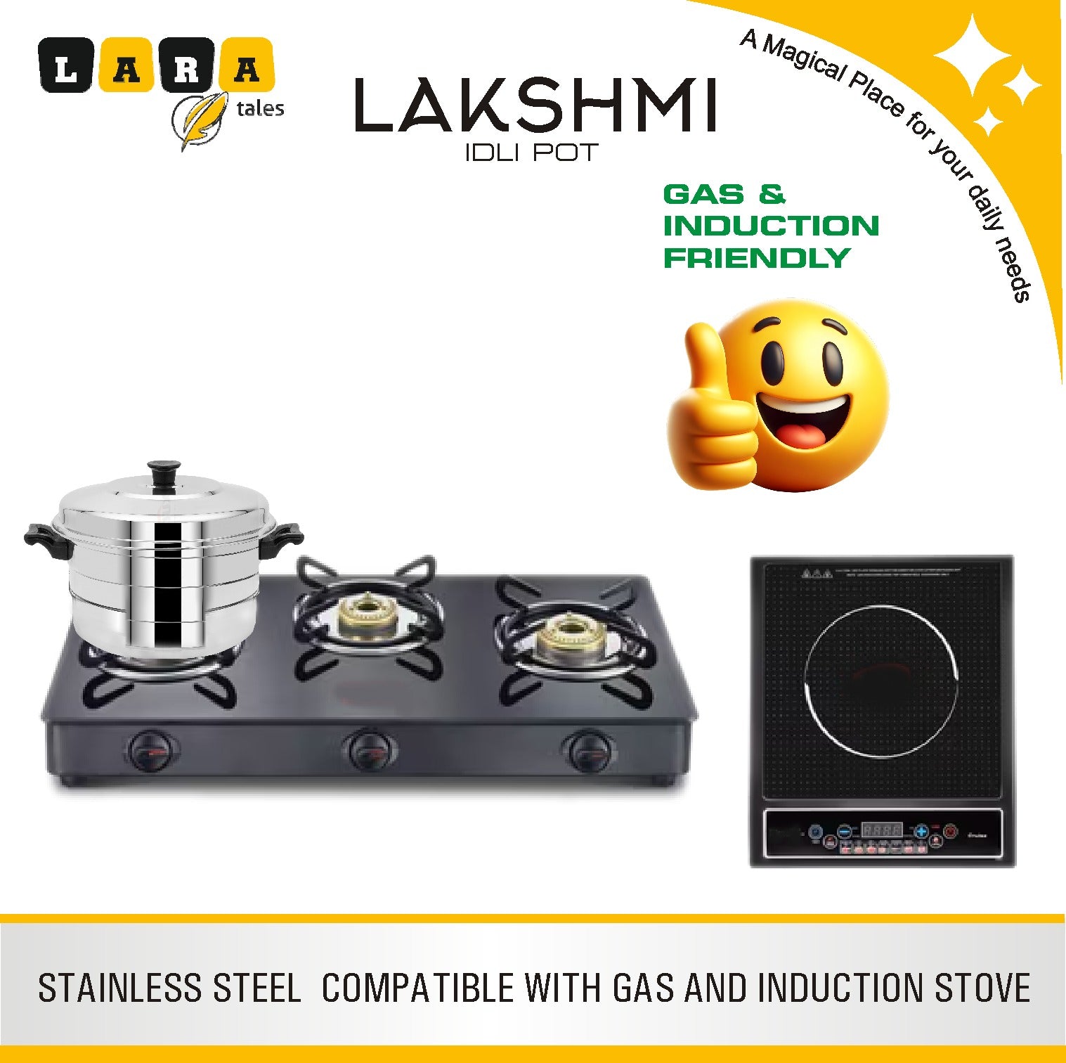 Lara Tales LAKSHMI Stainless Steel Idli Pot | 3 Idli Plates + 1 Mini Idli Plate + 1 Dhokla Plate | Heavy Gauge Idly Cooker | Soft & Fluffy Idlis | 3–5 Person Capacity