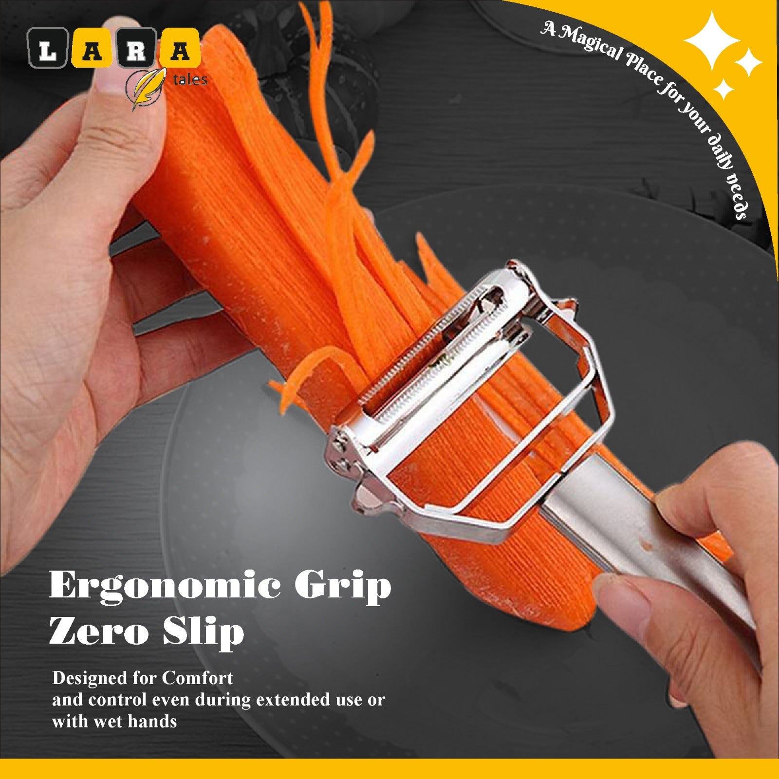 Lara Tales – 2-in-1 Stainless Steel Julienne Peeler & Vegetable Slicer Multi-Purpose Fruit & Veggie Shredder, Grater & Cutter for Carrots, Potatoes, Cucumbers & More | Premium Kitchen Tool for Effortless Prep