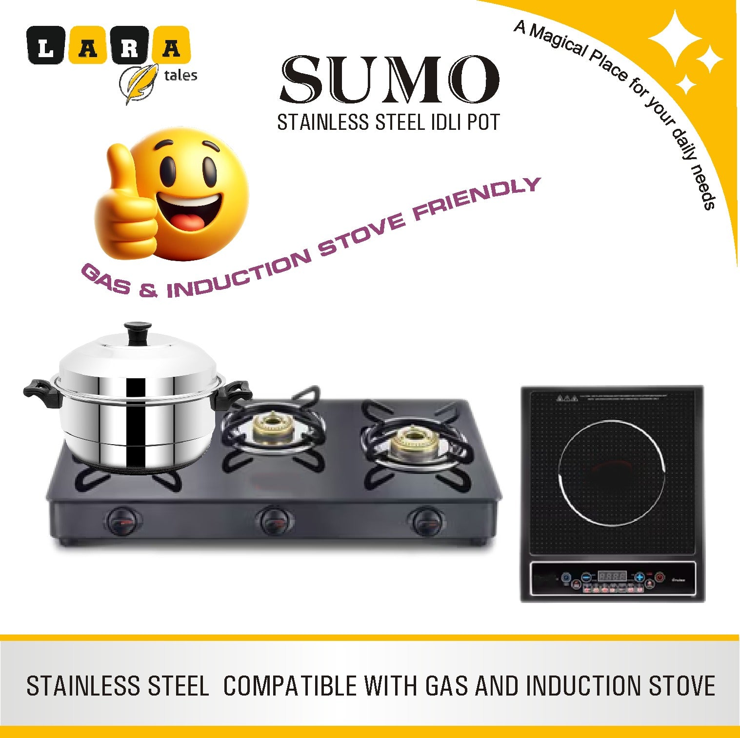 Lara Tales SUMO Stainless Steel Idli Pot by LARA Tales | 3 Idli Plates ( 21 Idlis ) + 1 Mini Idli Plate + 1 Dhokla Plate | Heavy Gauge Steel Idly Cooker | Makes Soft & Fluffy Idlis | 3–5 Person Capacity