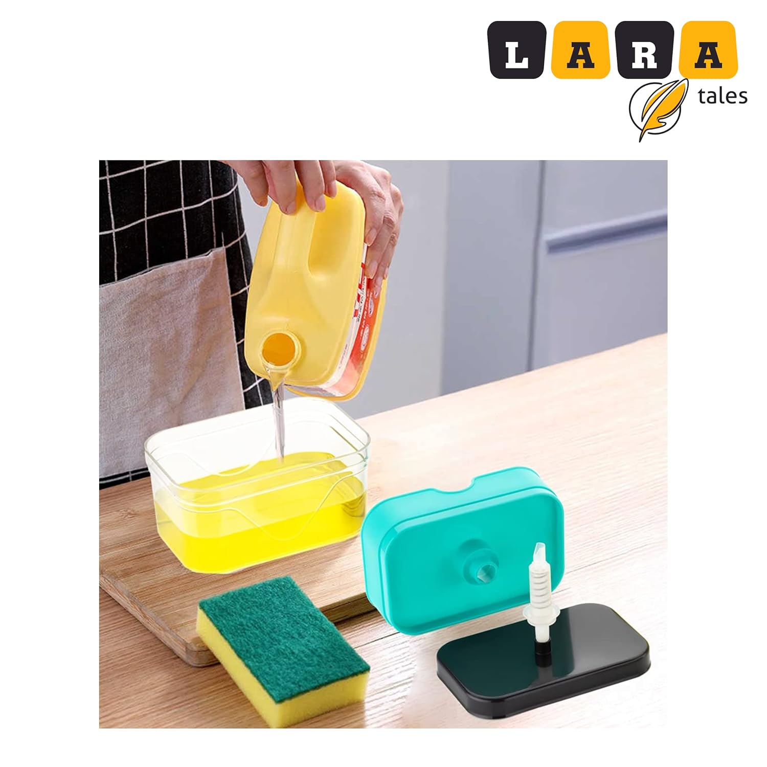 LARA Tales 2-in-1 Kitchen Soap Dispenser with Sponge Holder | Dishwashing Liquid Pump | Sink Organizer for Easy Cleaning | Space-Saving Soap Dispenser for Kitchen Sink- Pack of 1