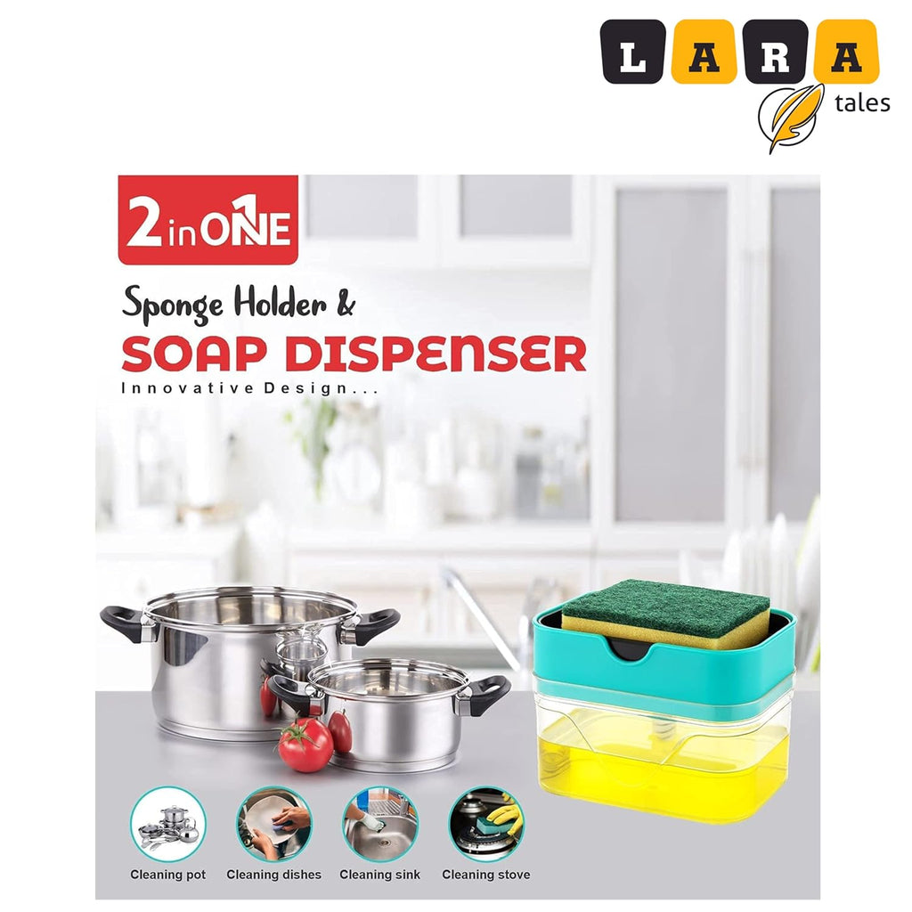 LARA Tales 2-in-1 Kitchen Soap Dispenser with Sponge Holder | Dishwashing Liquid Pump | Sink Organizer for Easy Cleaning | Space-Saving Soap Dispenser for Kitchen Sink- Pack of 1
