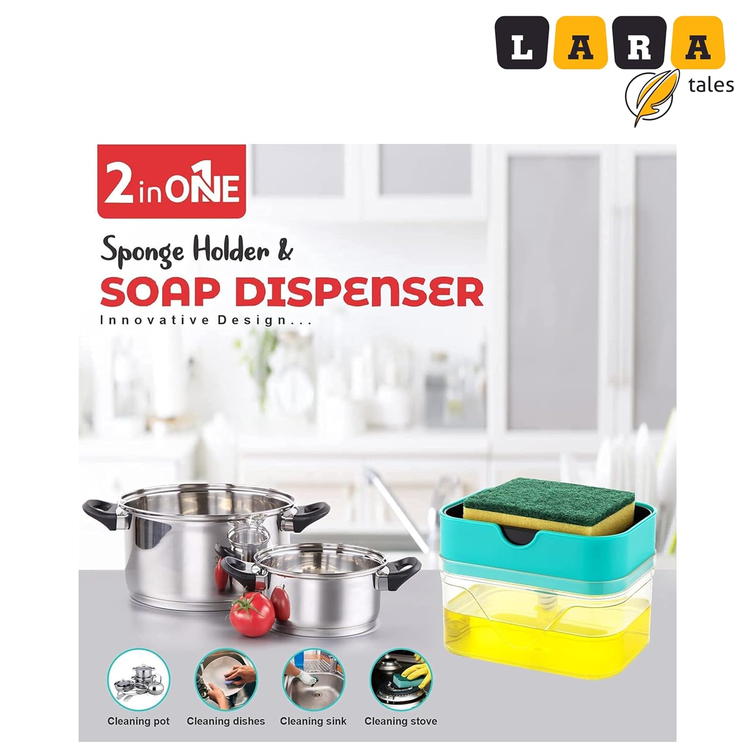 LARA Tales 2-in-1 Kitchen Soap Dispenser with Sponge Holder | Dishwashing Liquid Pump | Sink Organizer for Easy Cleaning | Space-Saving Soap Dispenser for Kitchen Sink- Pack of 1