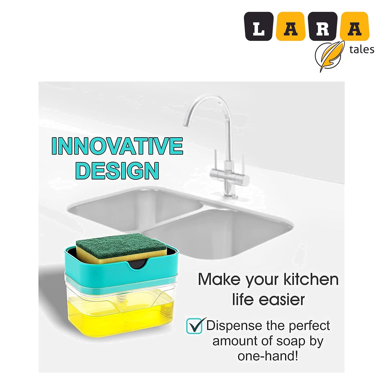 LARA Tales 2-in-1 Kitchen Soap Dispenser with Sponge Holder | Dishwashing Liquid Pump | Sink Organizer for Easy Cleaning | Space-Saving Soap Dispenser for Kitchen Sink- Pack of 1