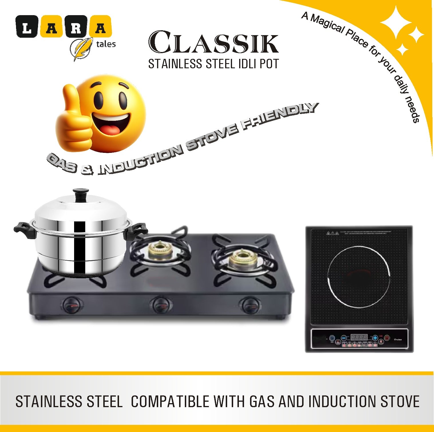 Lara Tales CLASSIC Stainless Steel Idli Cooker Steamer – 3 Idli Plates + 1 Mini Idli Plate + 1 Dhokla Plate | Heavy Gauge Idly Pot | Soft & Fluffy Idlis | Multipurpose Steamer