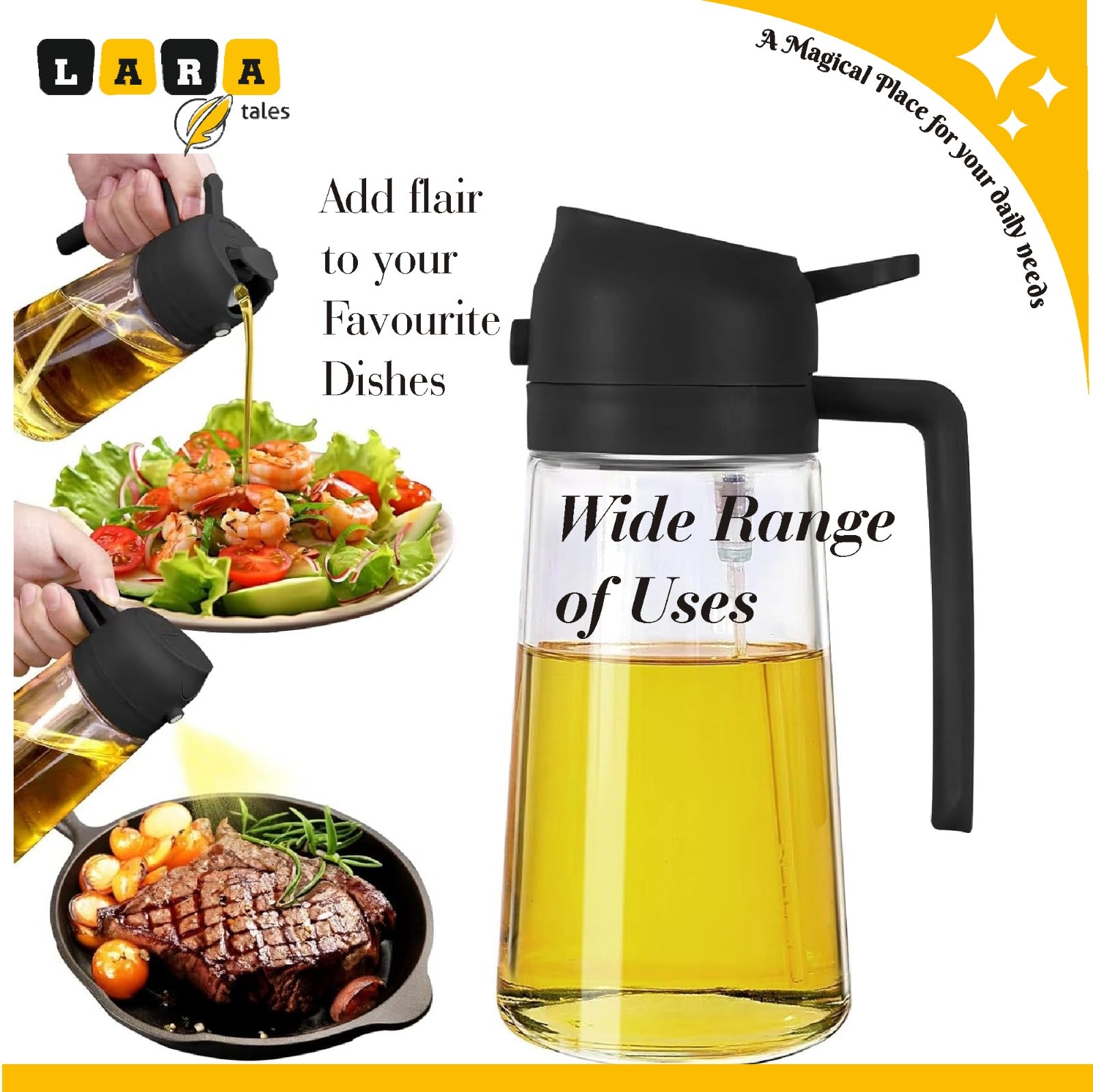 Lara Tales – 2-in-1 Glass Oil Sprayer & Dispenser | 500ml Premium Olive Oil Spray Bottle for Cooking, BBQ, Air Fryer, Salad, Frying & Baking | Kitchen Oil Mister for Healthy & Controlled Cooking