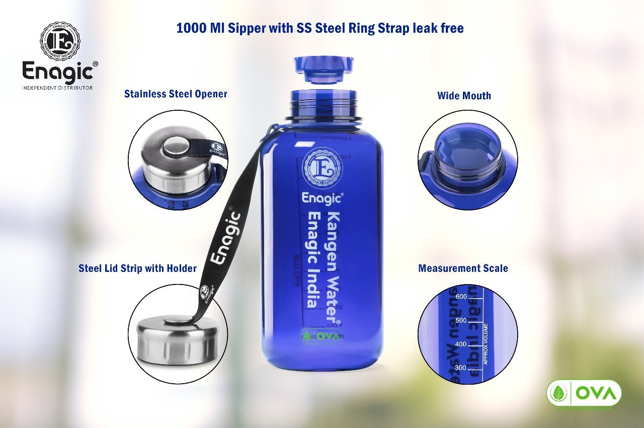 Lara Tales Enagic Kangen 1000ml Tritan Water Bottle – BPA-Free, Leakproof, Reusable | Classic Design with Steel Lid & Strap