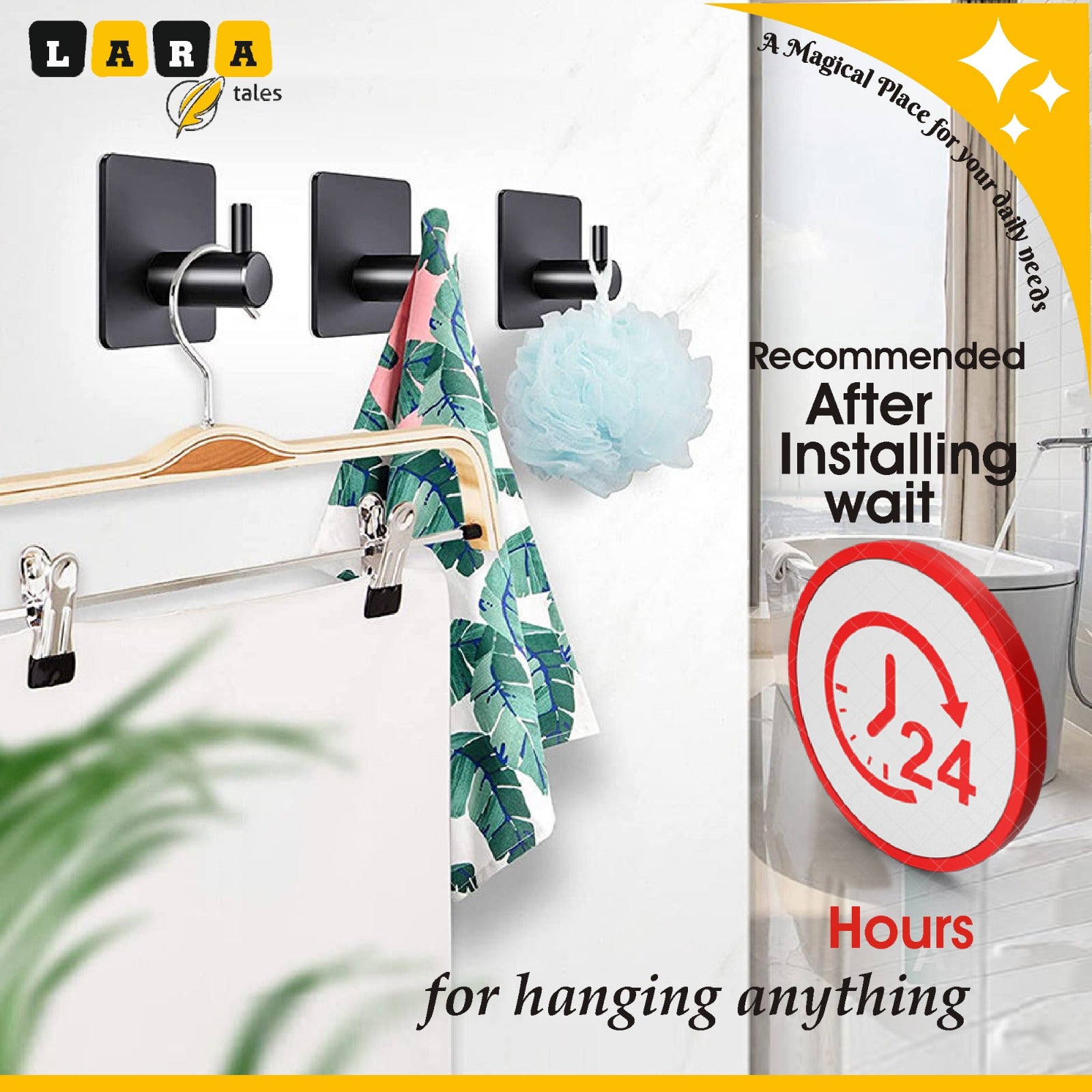 Lara Tales Heavy Duty Adhesive Wall Hooks – Metal Self-Adhesive Hooks for Bathroom, Kitchen & Home | Matte Black Wall Hangers | Rust-Proof Multipurpose Hooks (Set of 4)