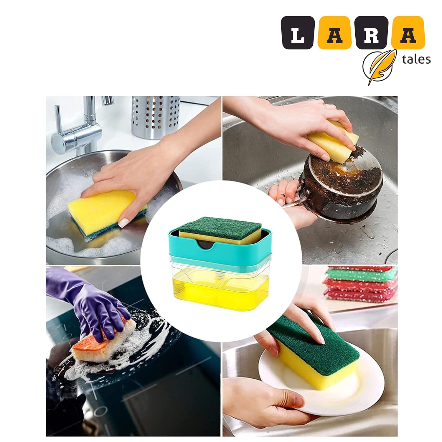LARA Tales 2-in-1 Kitchen Soap Dispenser with Sponge Holder | Dishwashing Liquid Pump | Sink Organizer for Easy Cleaning | Space-Saving Soap Dispenser for Kitchen Sink- Pack of 1