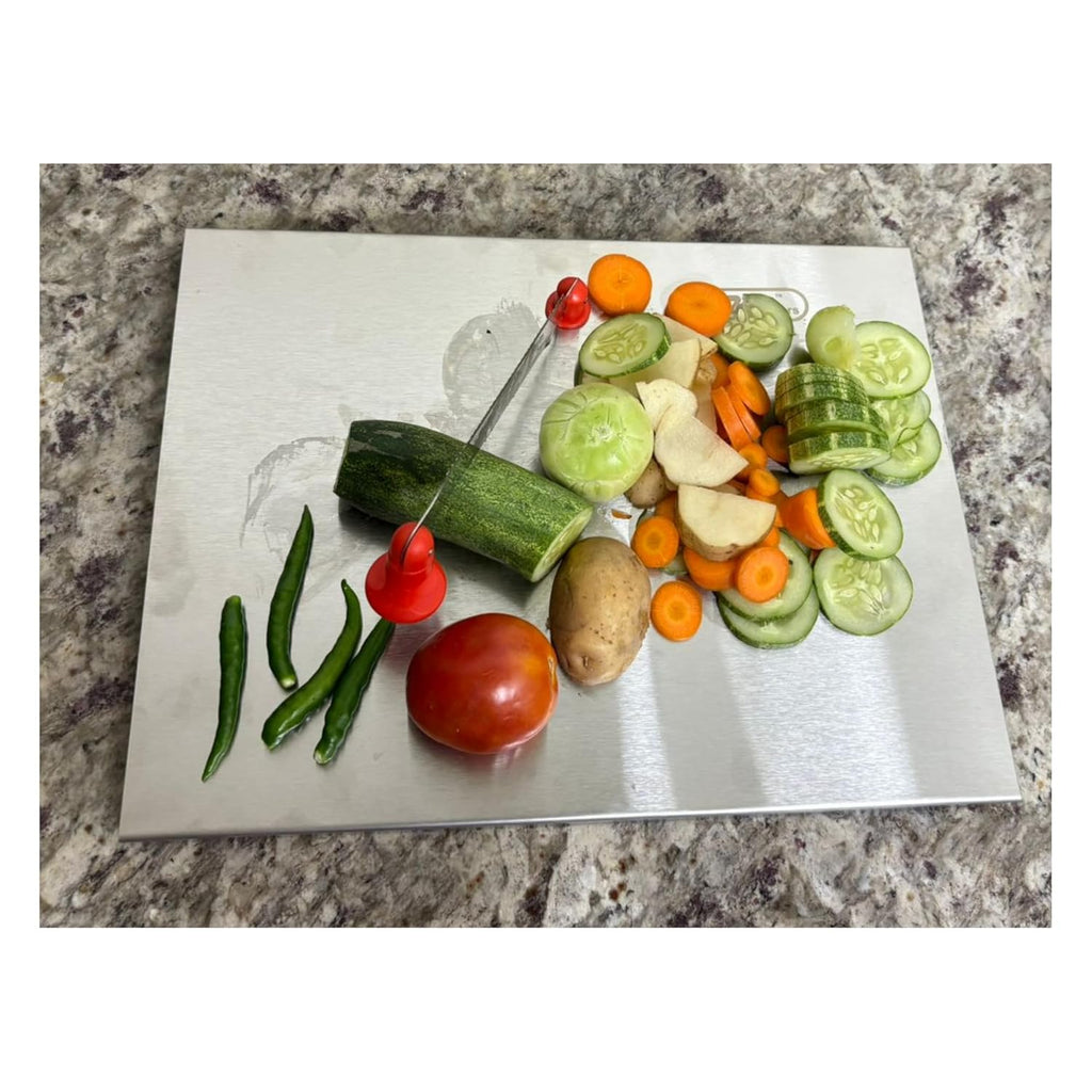 Lara tales Stainless Steel Cutting Board with Vegetable Cutter | Heavy-Duty Kitchen Chopper Board | Multi-Purpose Sabzi Cutter, Chopping Tray & Meat Board | Rust-Free Steel Cutter