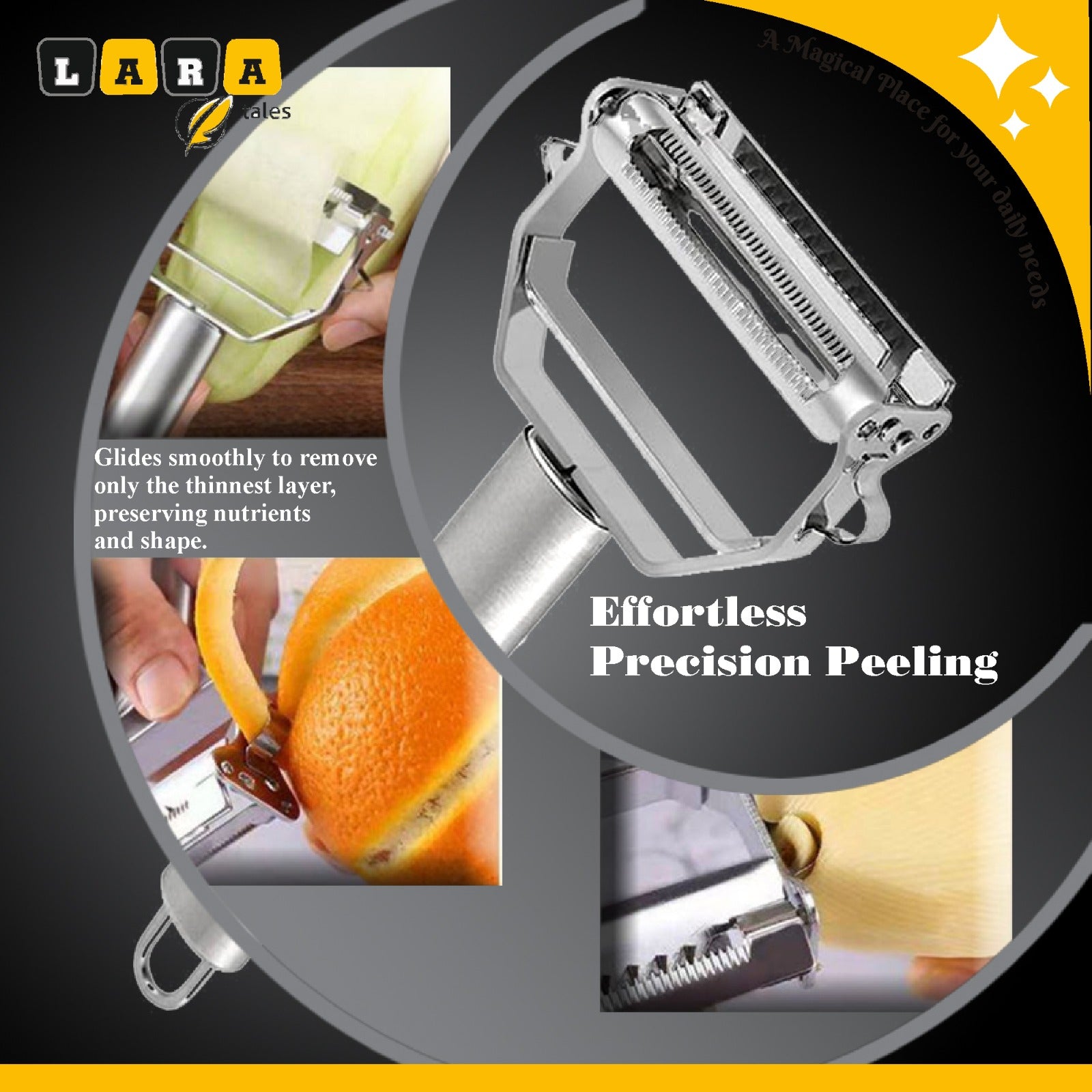 Lara Tales – 2-in-1 Stainless Steel Julienne Peeler & Vegetable Slicer Multi-Purpose Fruit & Veggie Shredder, Grater & Cutter for Carrots, Potatoes, Cucumbers & More | Premium Kitchen Tool for Effortless Prep