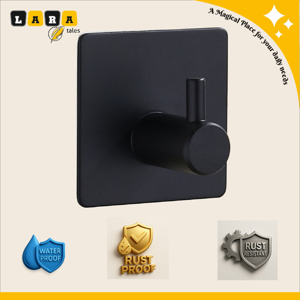 Lara Tales Heavy Duty Adhesive Wall Hooks – Metal Self-Adhesive Hooks for Bathroom, Kitchen & Home | Matte Black Wall Hangers | Rust-Proof Multipurpose Hooks (Set of 4)