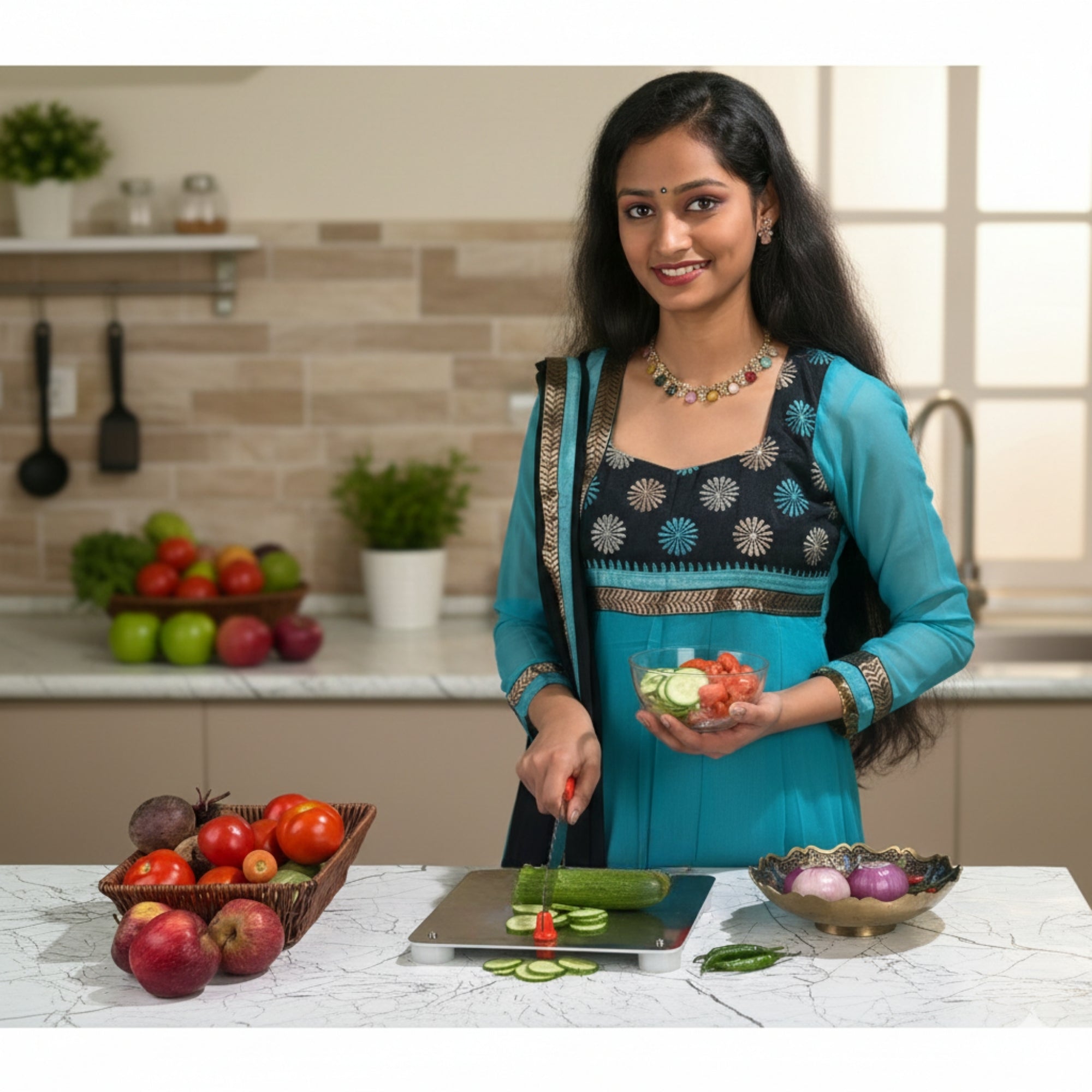 Lara Tales Stainless Steel Chopping Board with In-Built Blade & Detachable Knife | Multipurpose Vegetable, Fruit & Nut Cutter | Compact 23x23 cm | Plastic Base with 4 Anti-Slip Legs