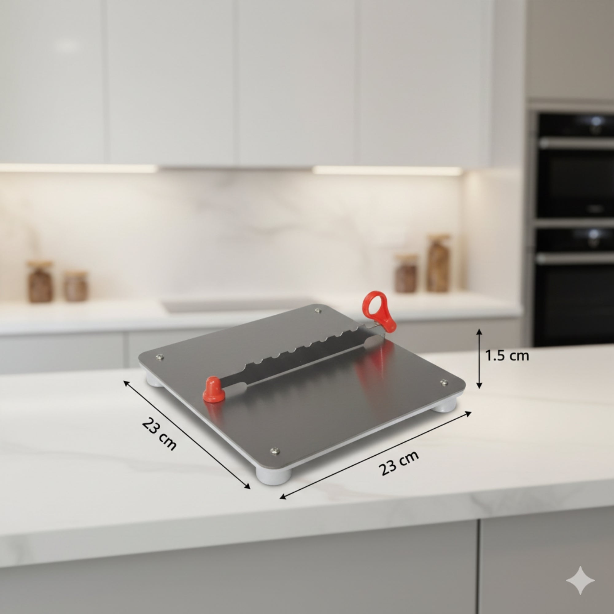 Lara Tales Stainless Steel Chopping Board with In-Built Blade & Detachable Knife | Multipurpose Vegetable, Fruit & Nut Cutter | Compact 23x23 cm | Plastic Base with 4 Anti-Slip Legs