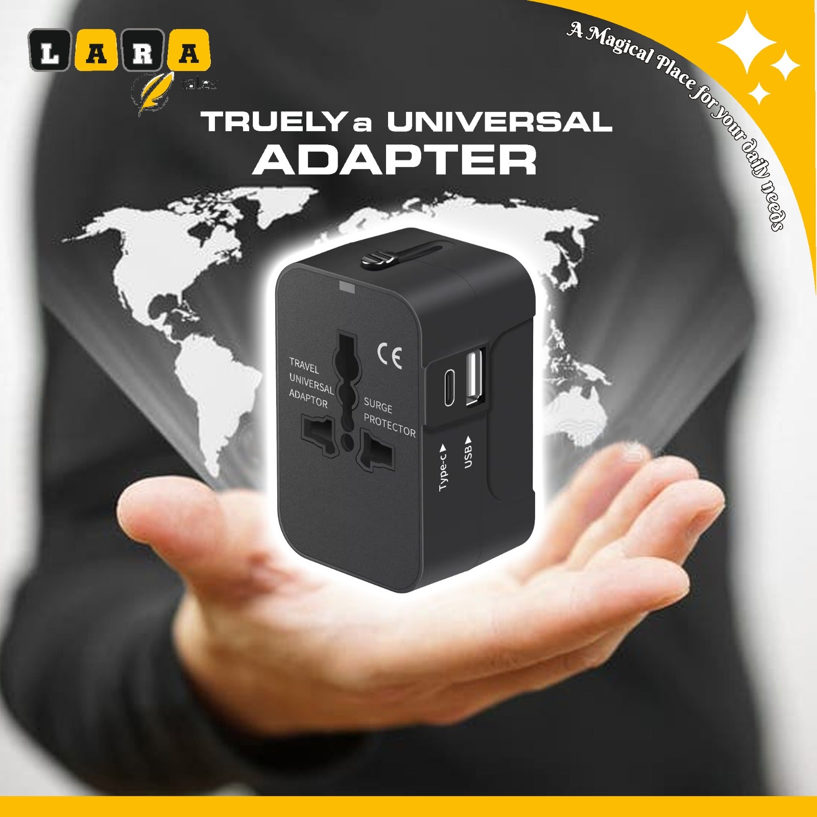 Lara Tales – Universal Travel Adapter | All-in-One Worldwide Travel Charger with Dual USB Ports (2.1A) | Multi-Type International Power Outlet | 100–250V Compatible | Compact Travel-Friendly Design – Black