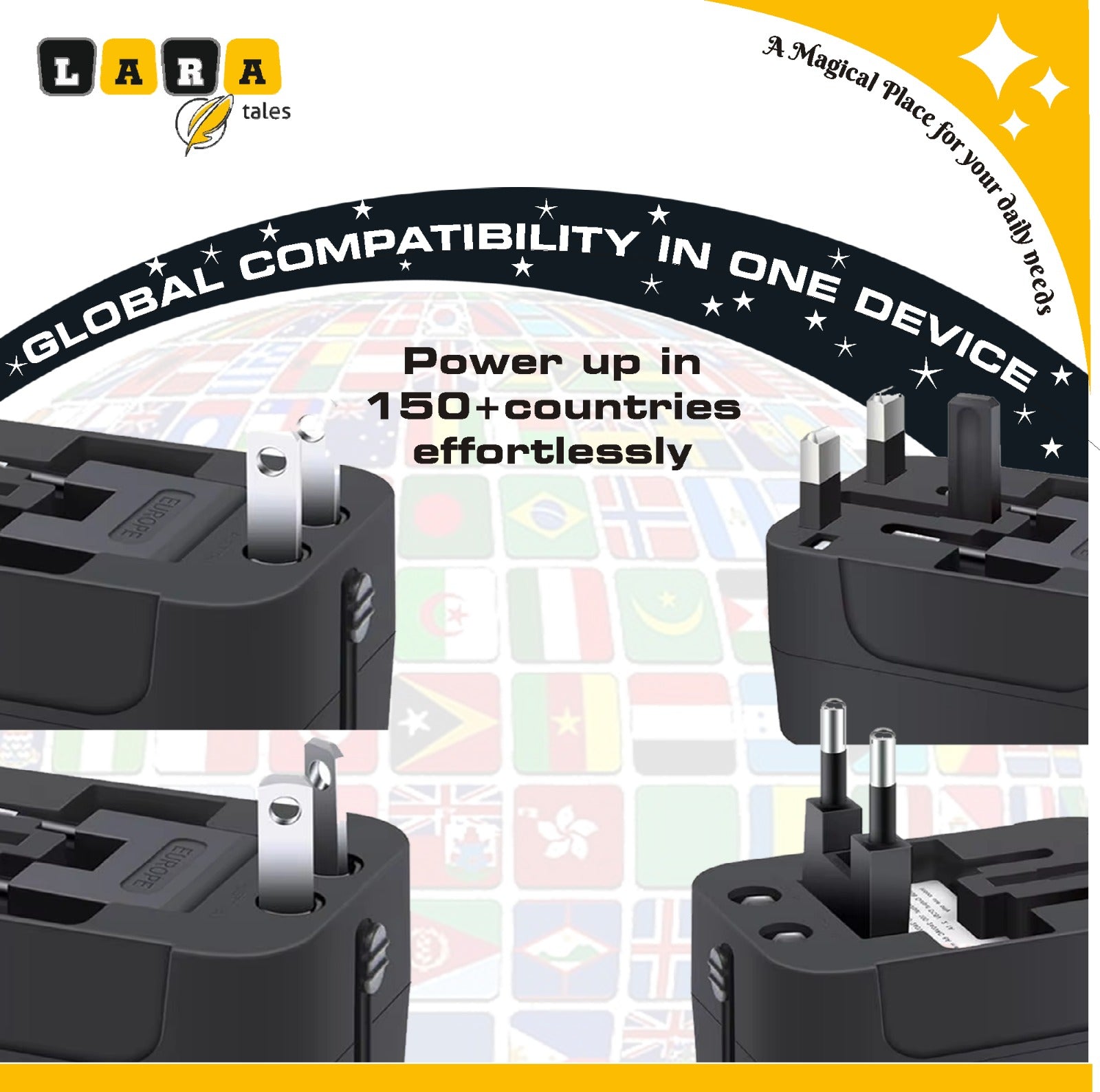 Lara Tales – Universal Travel Adapter | All-in-One Worldwide Travel Charger with Dual USB Ports (2.1A) | Multi-Type International Power Outlet | 100–250V Compatible | Compact Travel-Friendly Design – Black