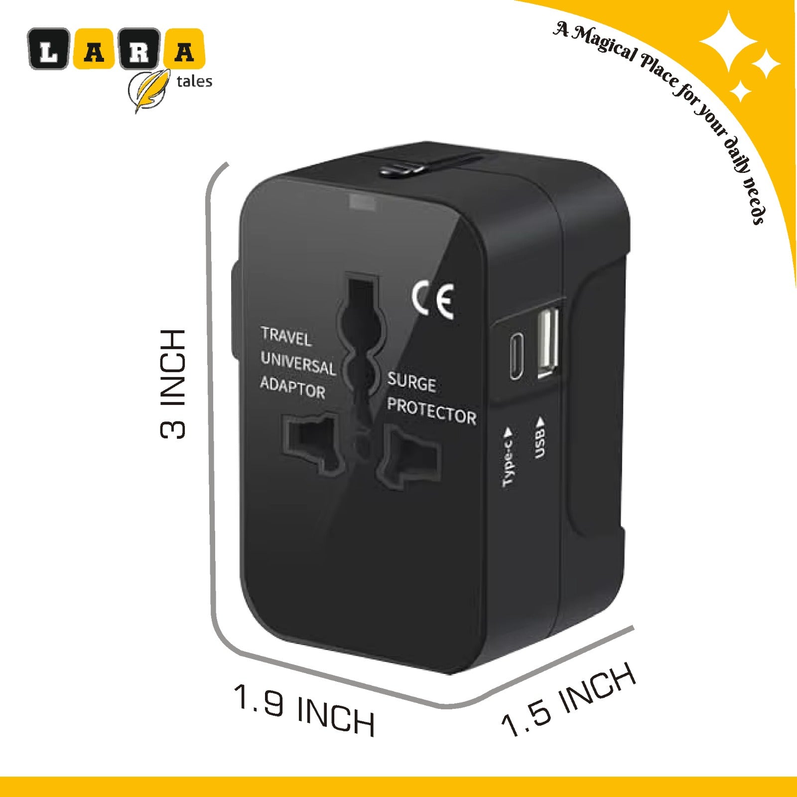 Lara Tales – Universal Travel Adapter | All-in-One Worldwide Travel Charger with Dual USB Ports (2.1A) | Multi-Type International Power Outlet | 100–250V Compatible | Compact Travel-Friendly Design – Black