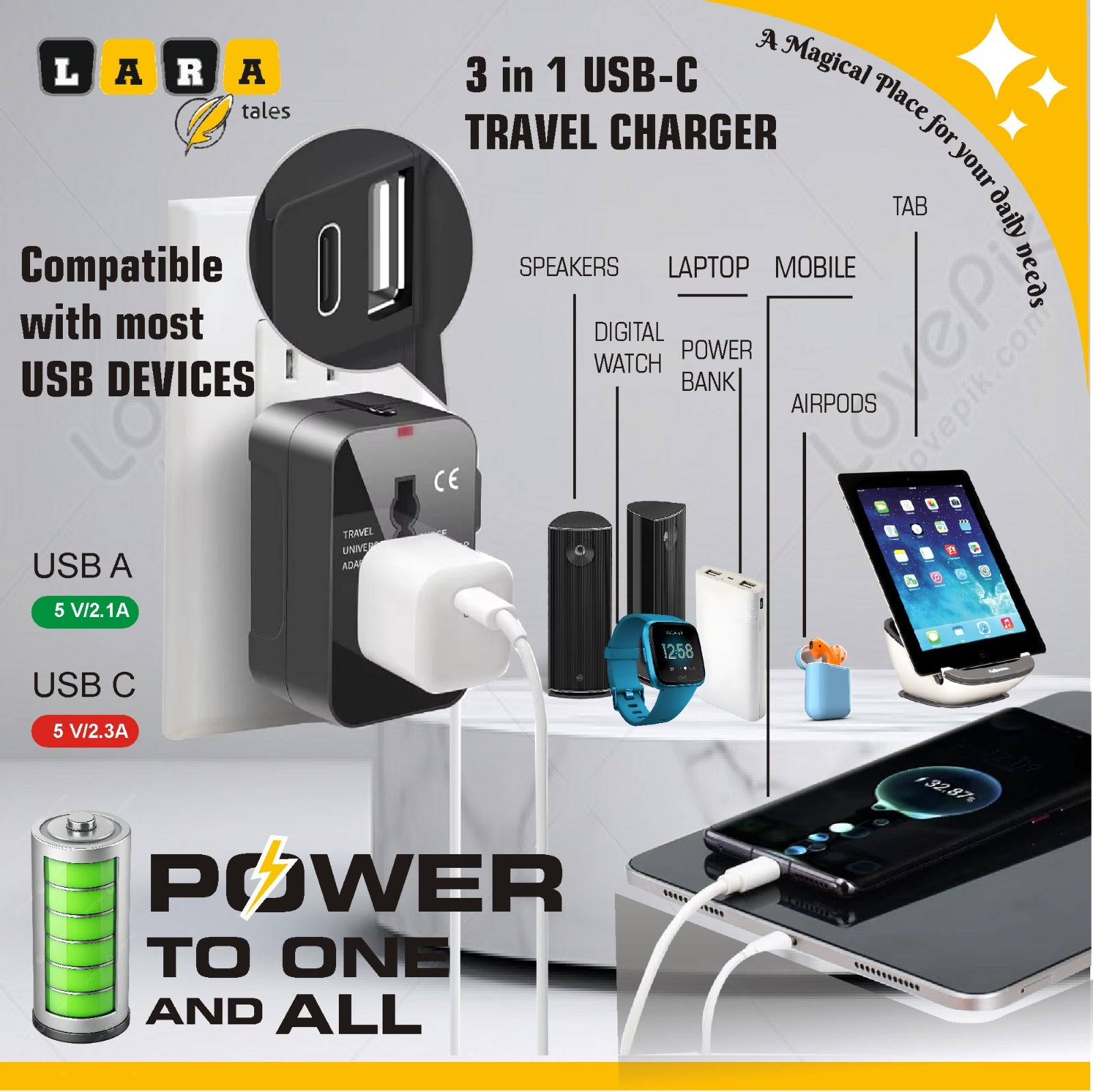 Lara Tales – Universal Travel Adapter | All-in-One Worldwide Travel Charger with Dual USB Ports (2.1A) | Multi-Type International Power Outlet | 100–250V Compatible | Compact Travel-Friendly Design – Black