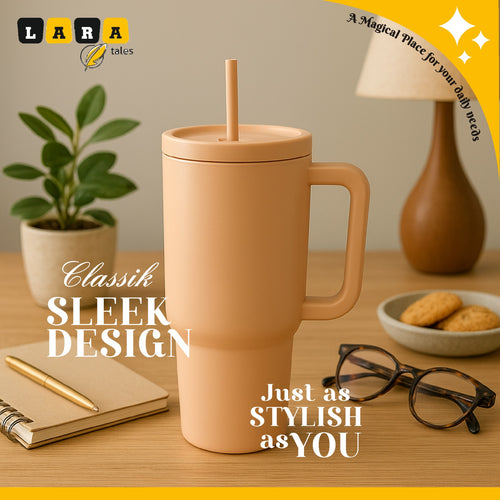 Lara Tales 900ml Vacuum Insulated Stainless Steel Cup with Handle | Double Wall Hot & Cold Bottle | Sleek Modern Design Ice Cup | Leakproof Travel Tumbler with Straw | Premium Matte Finish