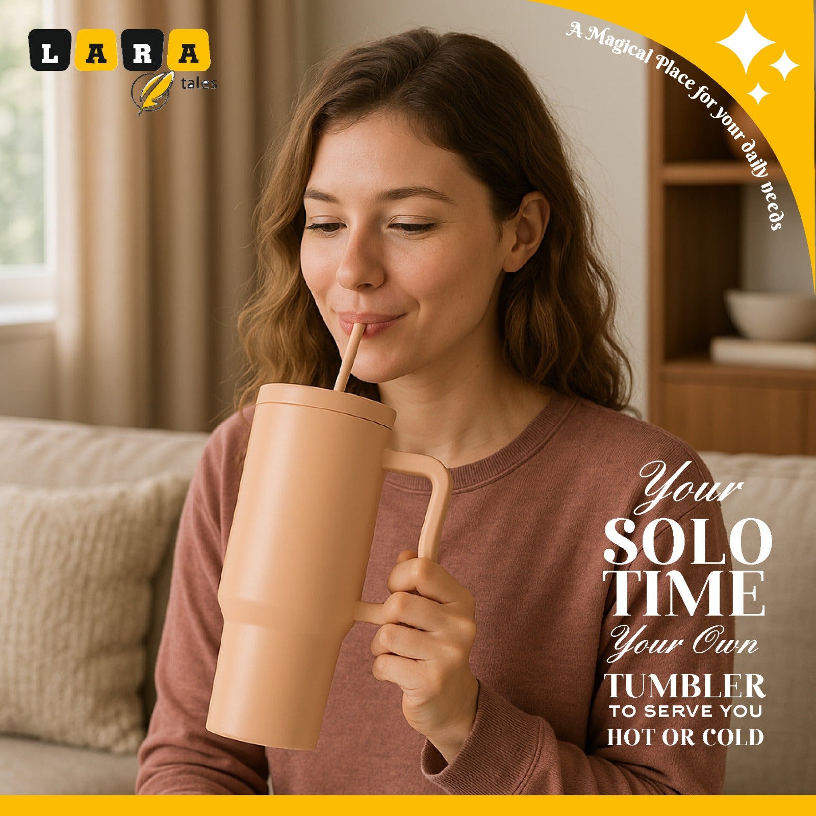 Lara Tales 900ml Vacuum Insulated Stainless Steel Cup with Handle | Double Wall Hot & Cold Bottle | Sleek Modern Design Ice Cup | Leakproof Travel Tumbler with Straw | Premium Matte Finish