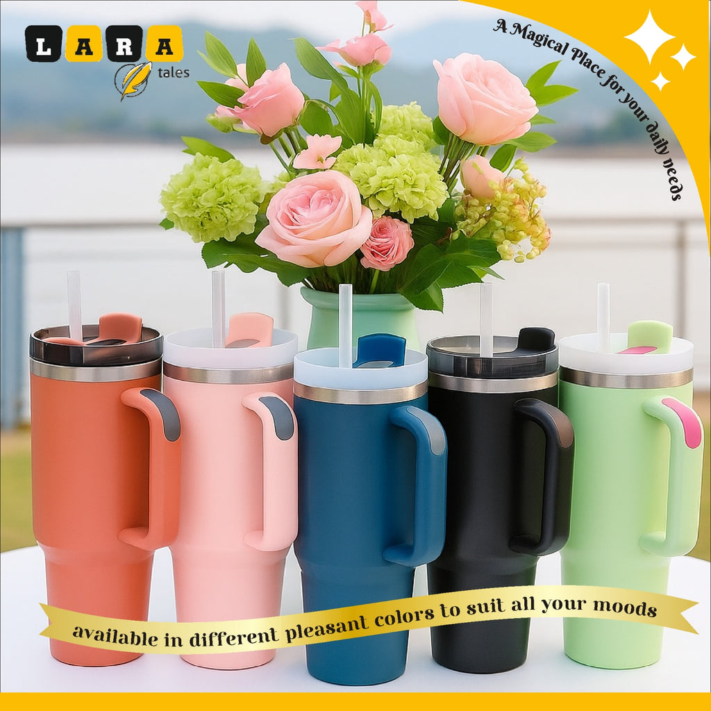 Lara Tales 900ml Vacuum Insulated Stainless Steel Cup with Handle | Double Wall Hot & Cold Bottle | Sleek Modern Design Ice Cup | Leakproof Travel Tumbler with Straw | Premium Matte Finish